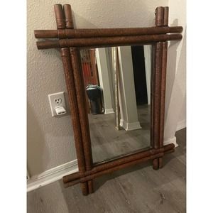 Vintage MCM Mirror Rectangle Woven Wood Framed 34.5 x 25.5 in